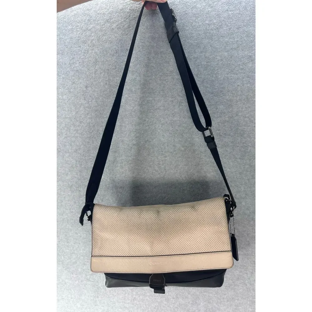 Coach Bike Bag Off White Leather & Black Nylon Messenger Bag Adj. Strap F71968